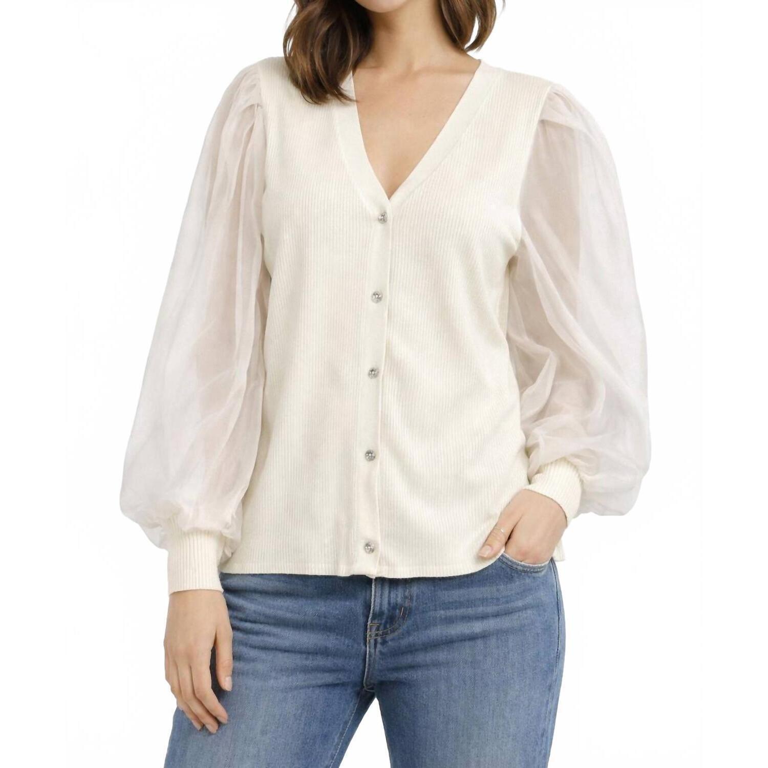 New Design History Sheer Sleeve Cardigan In Winter White